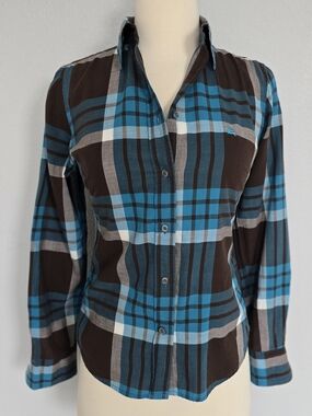 Burberry BRIT Blue & Brown Plaid Nova Check Button Up Shirt Small 100% Cotton